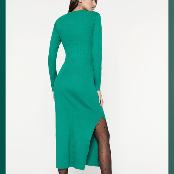 Bardot Collar Knit Long Sleeve Rib Sweater midi Dress in Bright green Size L - Picture 5 of 15